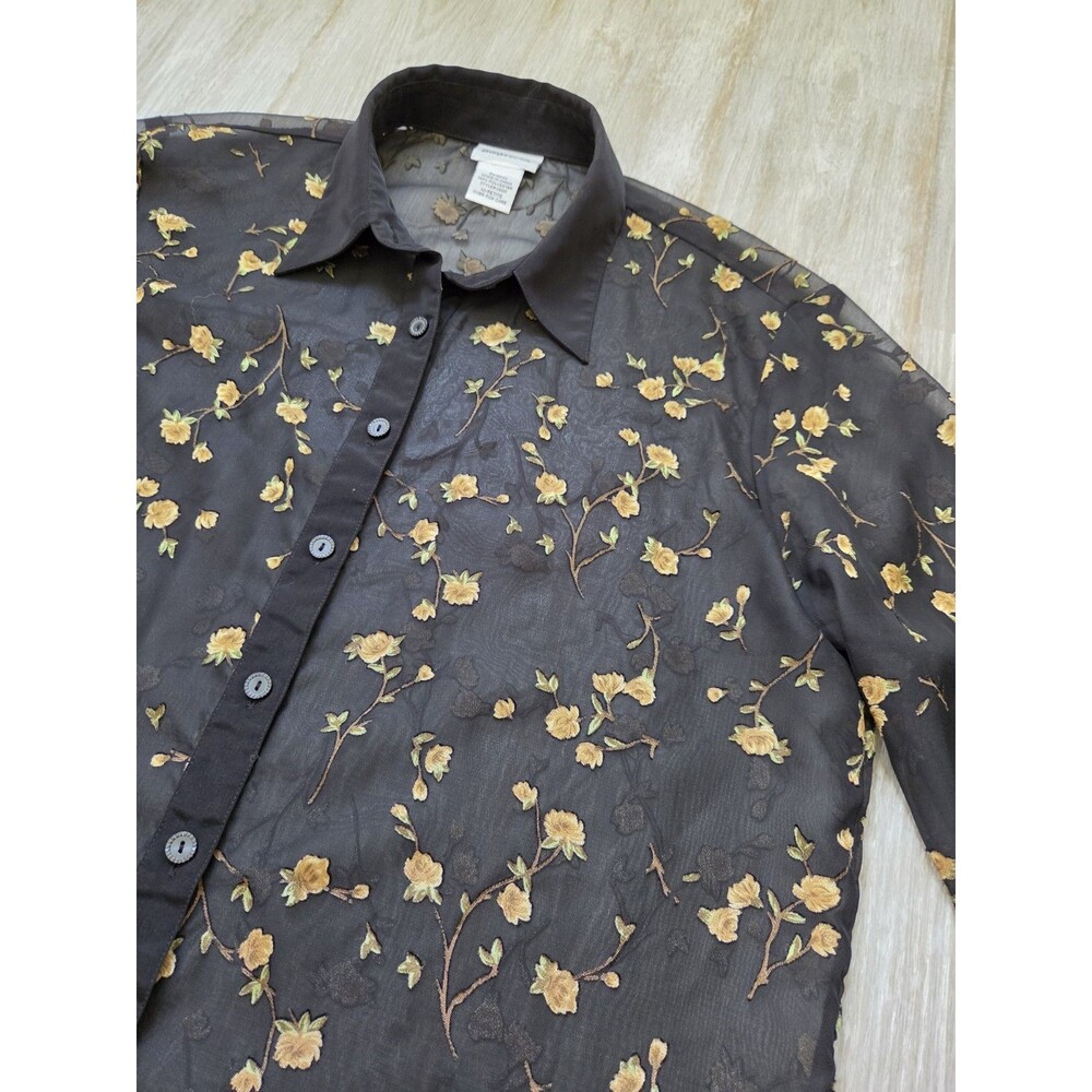 BonWorth M Petite Black Sheer Floral Embroidered Button Up Blouse Long Sleeve - Picture 2 of 8